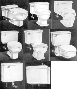 American Standard Old Toilets; ; from year 1960's - 1980's one piece / two piece toilet repair technical parts breakdown; in Unfinish